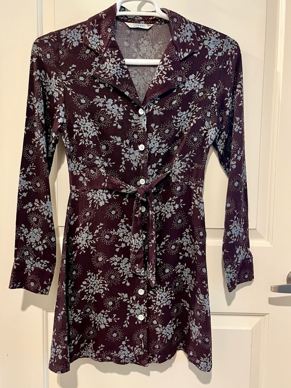 90s Vintage ESPRIT Plum Floral Button-Front Tie-Waist Long Sleeve Dress